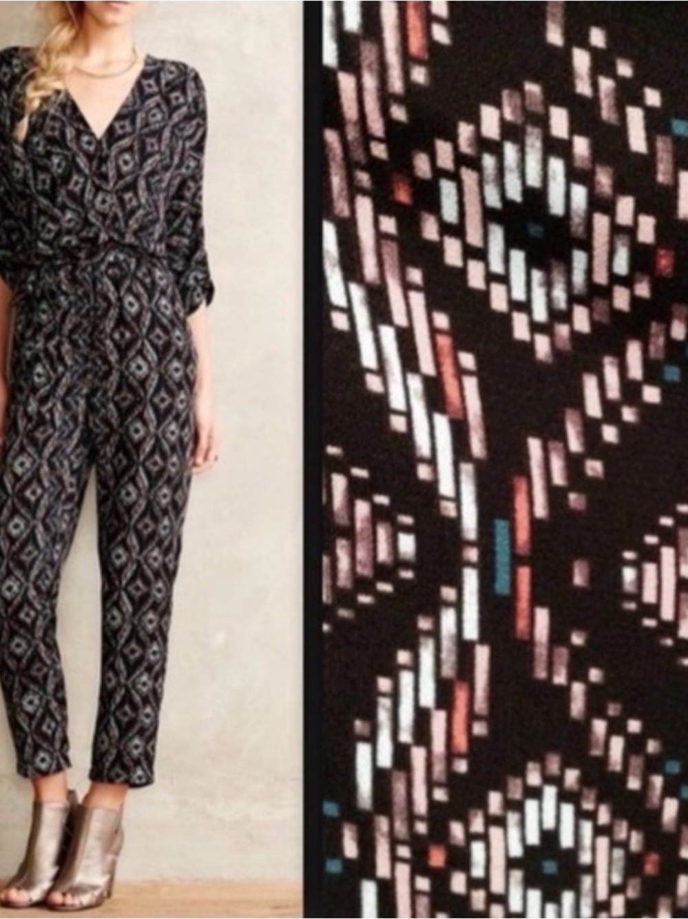 elevenses Anthropologie Black Geometric Print Wrap Jumpsuit